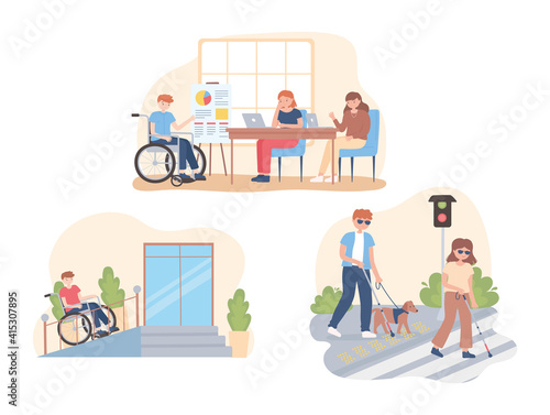 disabled people in different activity, working, walking