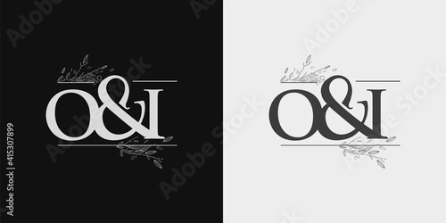 OI Initial logo, Ampersand initial Logo with Hand Draw Floral, Initial Wedding Font Logo Isolated on Black and White Background.