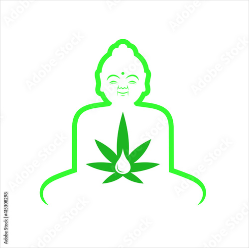 illustration of a buddha meditating and cbd oil, vector art.