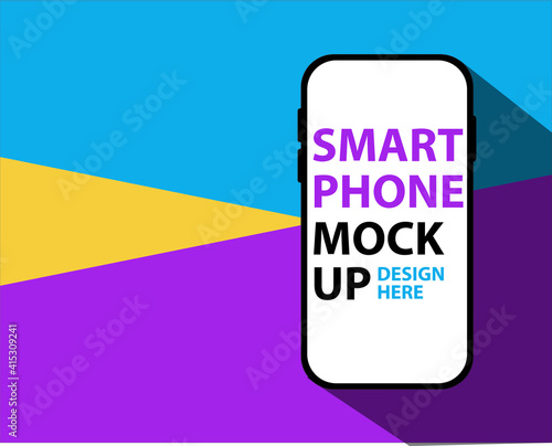 copy space Smartphone, great design. can be a template for infographics, presentation of interface. Frameless smartphone. Vector Illustration on a yellow, blue and pink background. Mockup template