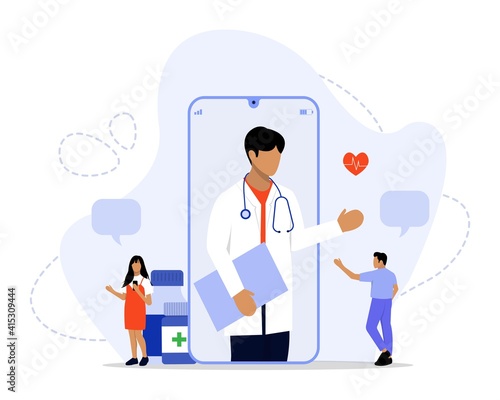 Vector Illustration, Online Doctor Concept, Showing online healthcare consultation using a mobile apps, Suitable for landing page, UI, web, App intro card, editorial, flyer,and banner