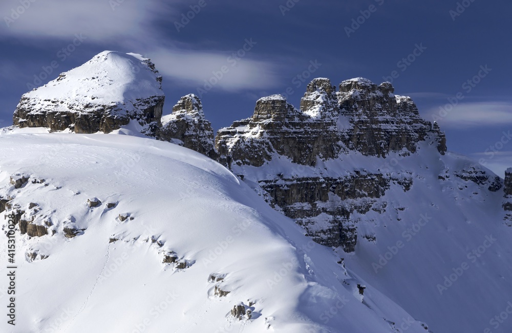 Dolomite Mountain Peak and Snowy Mountain Ridge Landscape. Winter Rock Climbing in Banff National Park, Canadian Rockies 