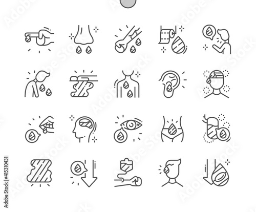 Bleeding. Anemia. Bloody cough and vomit. Blood in lungs. Menstrual bleeding. Health care, medical and medicine. Pixel Perfect Vector Thin Line Icons. Simple Minimal Pictogram
