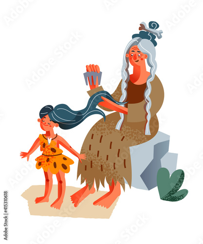 Ancient granny combing hair of girl in Stone Age. Prehistoric times vector illustration. Happy kid with woman isolated on white background. Savage people outdoor in nature