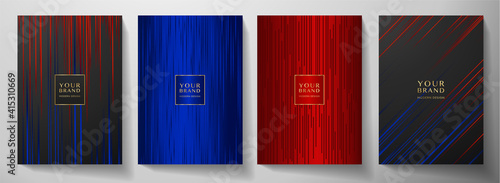 Modern black, blue, red stripe cover design set. Luxury creative dynamic line pattern. Formal premium vector background for business brochure, poster, notebook, menu template 