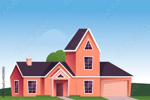 Suburban house background. Modern cartoon town building design vector illustration. Cozy windows and door, driveway to garage, path to home. Horizontal outdoor scene of villa