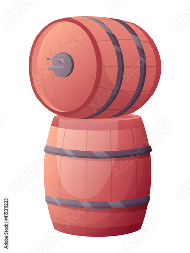 Wine barrels in alcohol shop, cellar or bar. Interioir design vintage elements isolated on white background. Two store wooden kegs with tap for drinking vector illustration