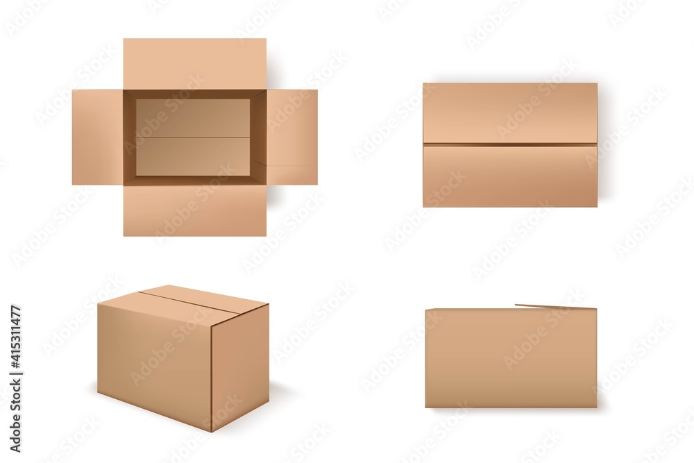 Brown cardboard boxes set. Carton package 3d mockup design vector illustration. Open, closed delivery parcels on white background. Top and side view on empty cargo crates