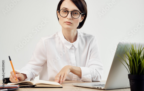 Business woman work desk laptop office manager