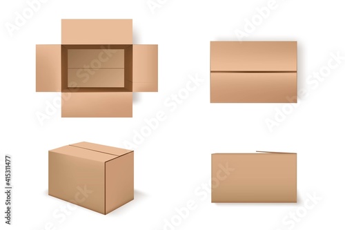 Brown cardboard boxes set. Carton package 3d mockup design vector illustration. Open, closed delivery parcels on white background. Top and side view on empty cargo crates © backup_studio