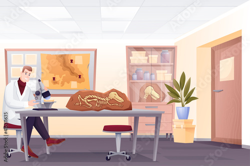 Paleontologist doing research with fossils in lab. Man studying extinct dinosaur bones in laboratory with microscope vector illustration. Ancient history museum interior background