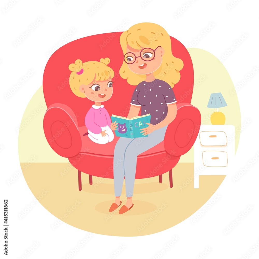 Mother reading book to daughter at home. Happy clever child learning activity vector illustration. Woman spending time together with little kid, family sitting in armchair indoor Mother reading book to daughter at home. Happy clever child learning activity vector illustration. Woman spending time together with little kid, family sitting in armchair indoor