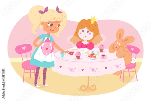 Girl drinking tea with toys at home. Little child playing game indoor vector illustration. Hapy kid, doll and rabbit having tea party at table with cups, teapot, cakes and teapot