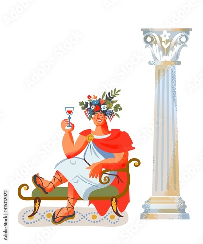 Ancient Roman empire man with glass of wine. Rome history and culture vector illustration. Young patrician in toga and sandals sitting and drinking on white background with column