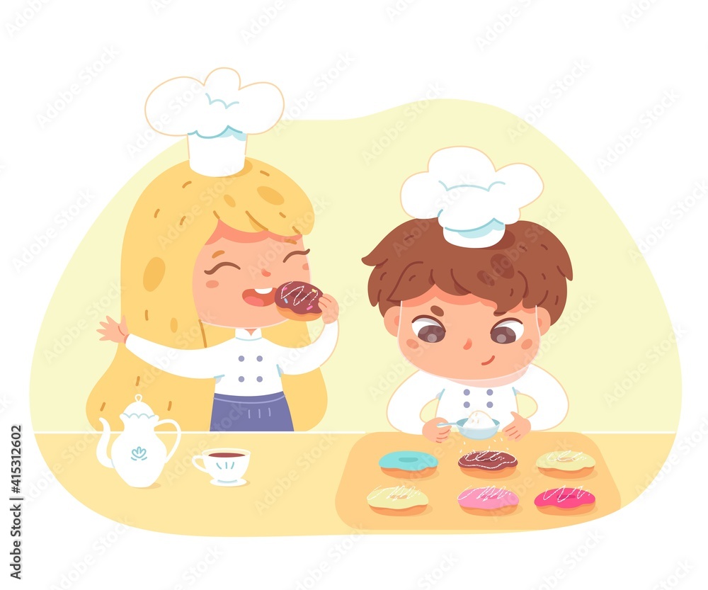 Kids making donuts at home. Little girl and boy in hat and apron decorating doughnuts with icing and sugar vector illustration. Young happy chefs preparing sweet food in kitchen Kids making donuts at home. Little girl and boy in hat and apron decorating doughnuts with icing and sugar vector illustration. Young happy chefs preparing sweet food in kitchen