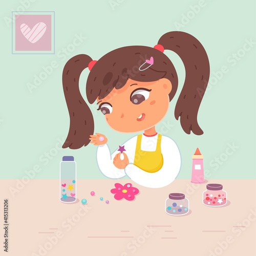 Girl making flower with beads and stars in art and crafts class. Little child crafting with glue, sitting at desk in school classroom. Creative activities with tools vector illustration
