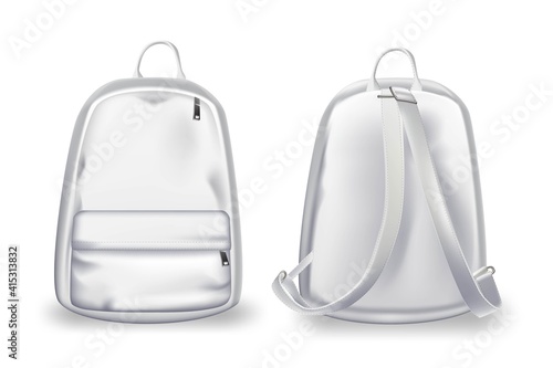 White backpack design front and back view set. College or school rucksack mockup vector illustration. Realistic youth pack of fabric for study or sport with shadows