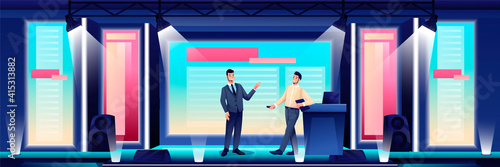 Business conference or seminar in auditorium hall. Speaker on podium giving presentation to audience vector illustration. Event or forum convention in modern center
