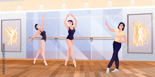 Ballerinas dancing with trainer in studio at class. Ballet school interior design vector illustration. Beautiful women in different poses at handrail during lesson. Horizontal panorama