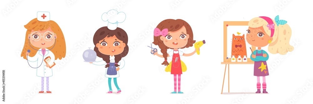 Kid professions set. Cute girls with professional occupations vector illustration. Children as doctor or nurse, cook or chef, hairdresser, artist with painting on white background Kid professions set. Cute girls with professional occupations vector illustration. Children as doctor or nurse, cook or chef, hairdresser, artist with painting on white background