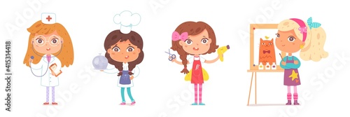Kid professions set. Cute girls with professional occupations vector illustration. Children as doctor or nurse  cook or chef  hairdresser  artist with painting on white background