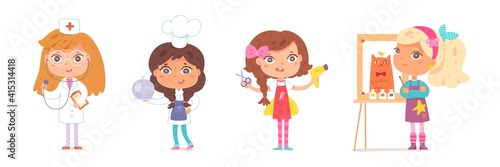 Kid professions set. Cute girls with professional occupations vector illustration. Children as doctor or nurse, cook or chef, hairdresser, artist with painting on white background