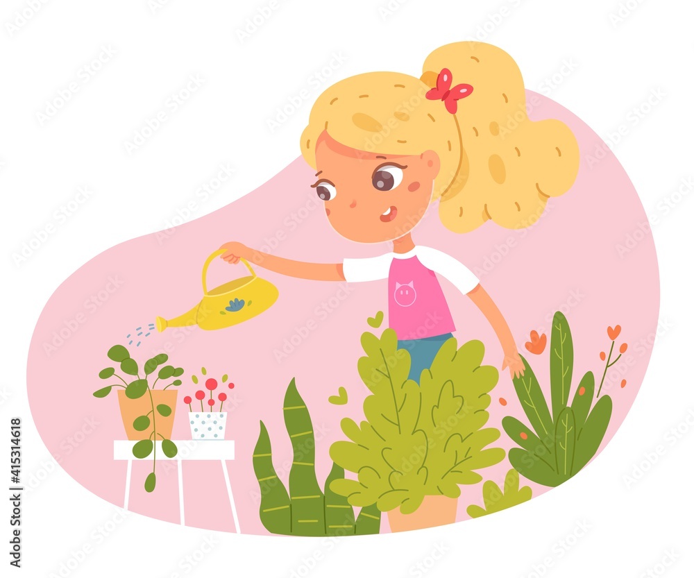 Girl helping water plants and flowers in garden. Kid helps watering pots with can at home vector illustration. Modern room with fresh green leaves interior design. Little helper Girl helping water plants and flowers in garden. Kid helps watering pots with can at home vector illustration. Modern room with fresh green leaves interior design. Little helper