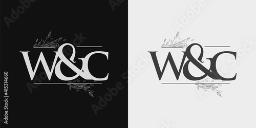 WC Initial logo, Ampersand initial Logo with Hand Draw Floral, Initial Wedding Font Logo Isolated on Black and White Background.