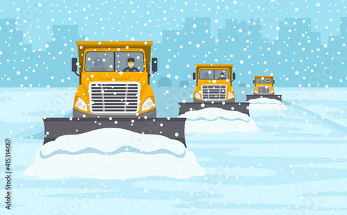 Yellow snow plow convoy clearing the highway. Winter driving conditions. Flat vector illustration template.