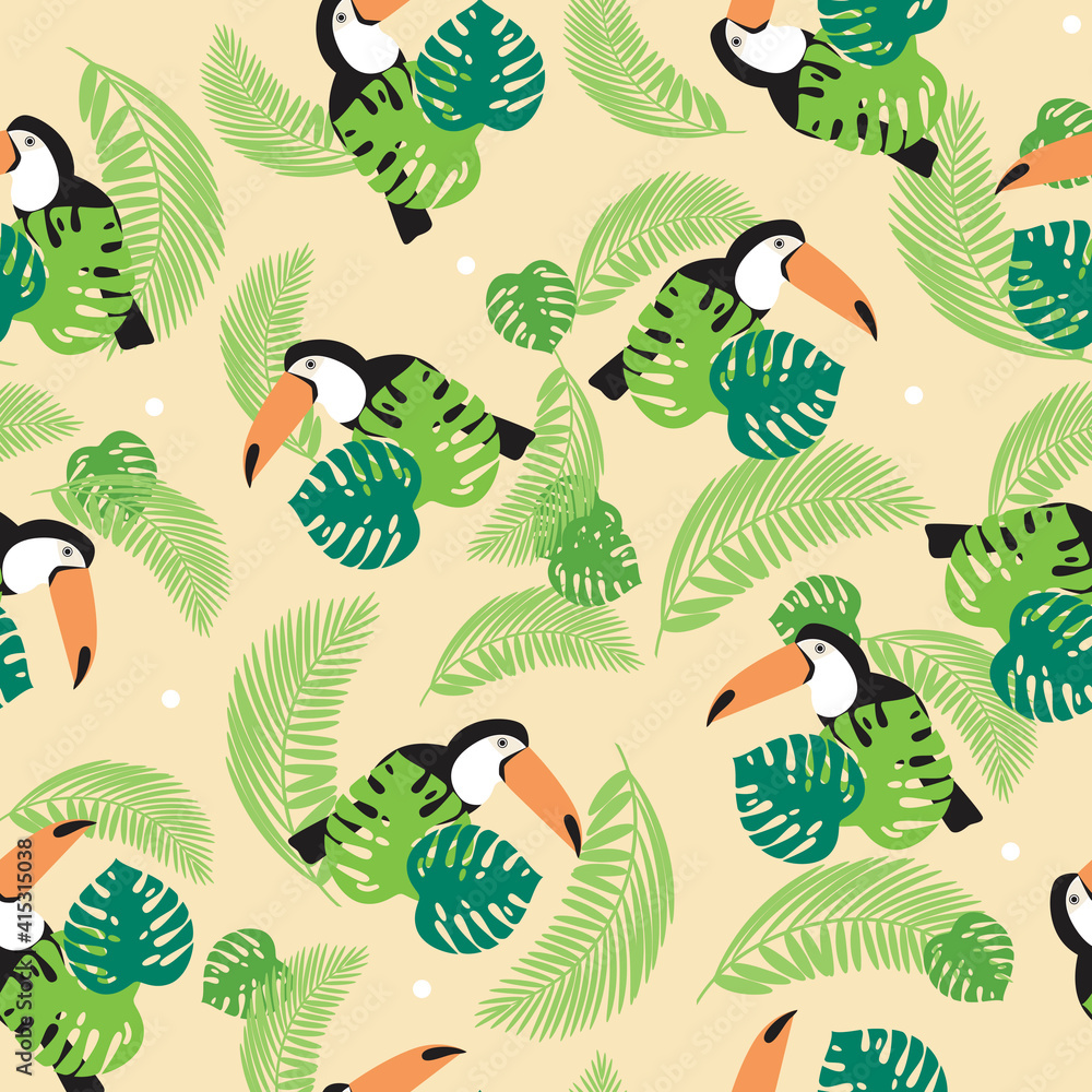 Obraz premium Seamless pattern with random toucan, flat vector stock illustration with repeating bird of paradise in leaves for printing on fabric, textile