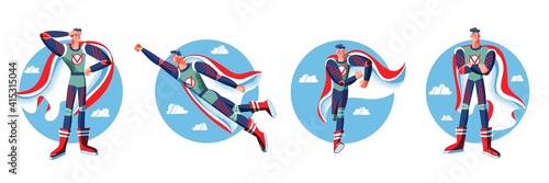 Superhero in costumes set. Cartoon comic heroes with capes vector illustration. Man with powers posing on blue sky background. Brave guy standing and flying.