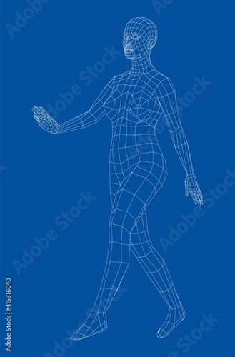 Wireframe walking woman. Vector