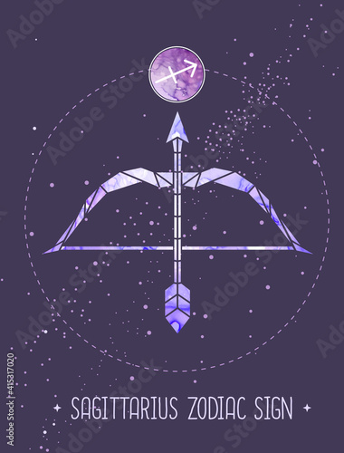 Modern magic witchcraft card with polygonal astrology Sagittarius zodiac sign. Polygonal Bow and arrow illustration
