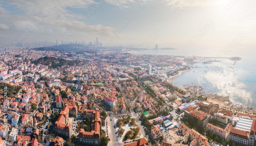 Fototapeta premium Aerial photography of Qingdao Bay panorama and sunset