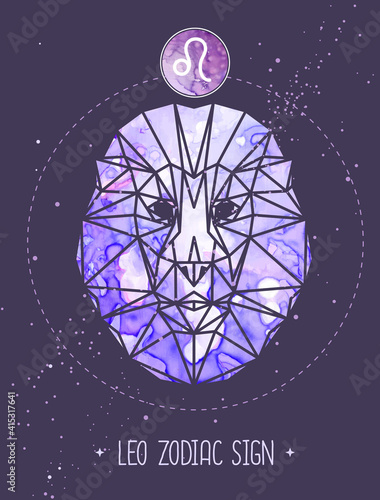 Modern magic witchcraft card with astrology Leo zodiac sign. Lion head in polygonal style