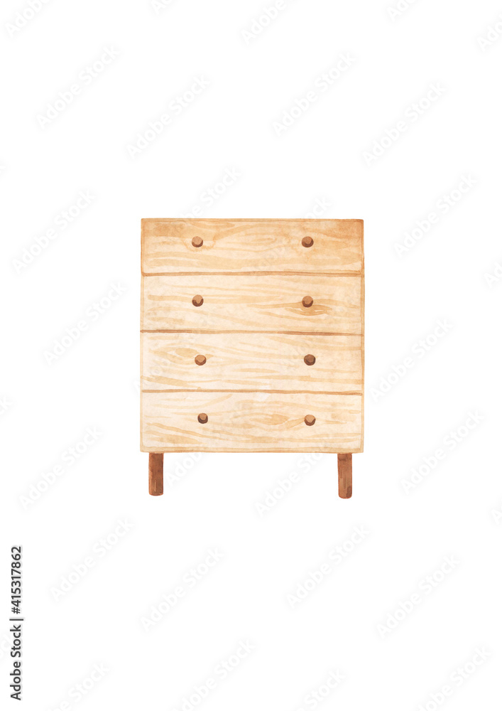 Drawing of a white Scandinavian chest of drawers. Watercolor drawing of furniture for room decor. Drawing of a white Scandinavian chest of drawers. Watercolor drawing of furniture for room decor.