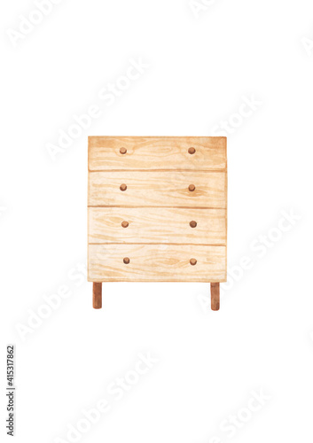 Drawing of a white Scandinavian chest of drawers. Watercolor drawing of furniture for room decor.