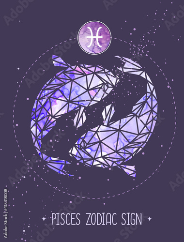 Modern magic witchcraft card with astrology Pisces zodiac sign. Koi fish illustration in polygonal style