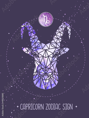 Modern magic witchcraft card with polygonal astrology Capricorn zodiac sign. Polygonal ram or mouflon head