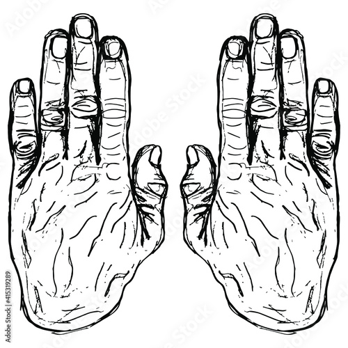 Two raised up wrinkled human male hands of aged old man. Surrender or capitulation gesture. Top view. Hand drawn linear rough sketch. Black silhouette on white background.