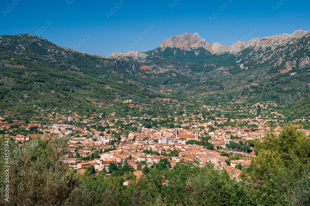 A view on Sóller town from Mirador del Pujol de'n Banya viewpoint on Mallorca island in Mediterranean Sea
