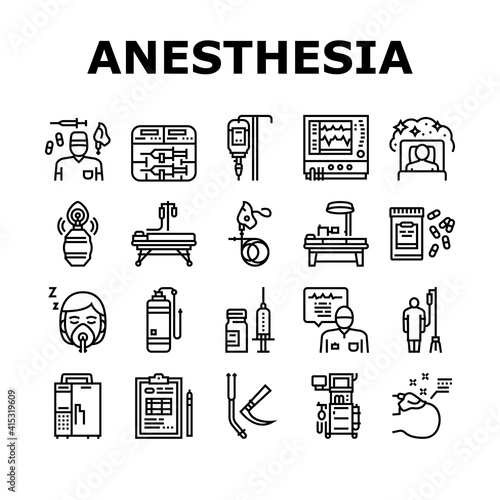 Anesthesiologist Tool Collection Icons Set Vector. Syringe Pump, Anesthesia Machine And Heart Rate Monitor Anesthesiologist Equipment Black Contour Illustrations