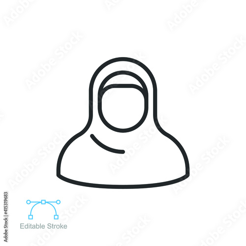 Female with hijab avatar icon.  Muslim woman profil. Girl with scarf logo. Islamic arabic style. Islam fashion. outline style Editable stroke Vector illustration design on white background. EPS 10
