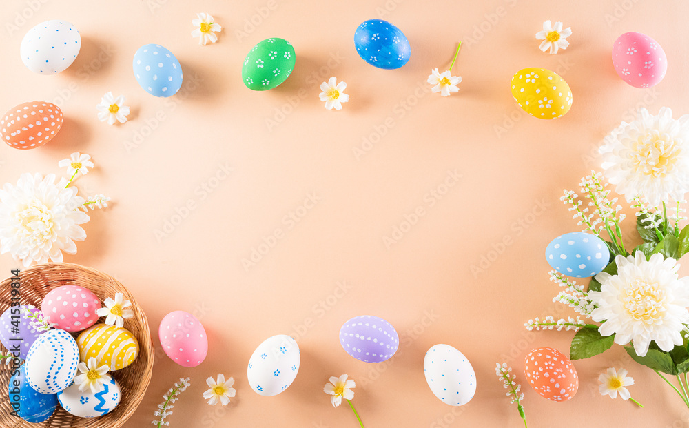 Happy easter! Colourful of Easter eggs in with flower on pastel background. Greetings and presents for Easter Day celebrate time. Flat lay ,top view. Happy easter! Colourful of Easter eggs in with flower on pastel background. Greetings and presents for Easter Day celebrate time. Flat lay ,top view.