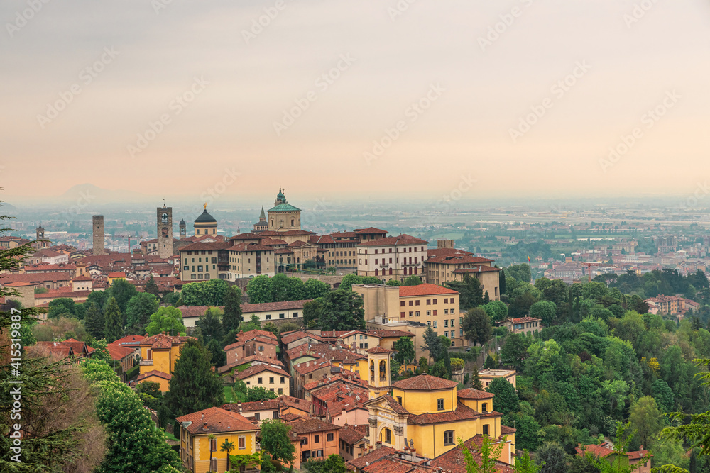 Aerial view of beautiful medieval town Bergamo, Lombardy, Italy on sunrise. Travel destination