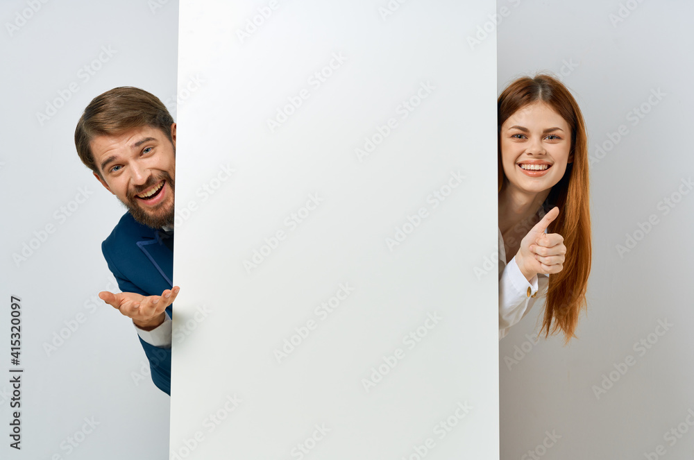 business man and woman white paper advertisement copy space presentation business man and woman white paper advertisement copy space presentation