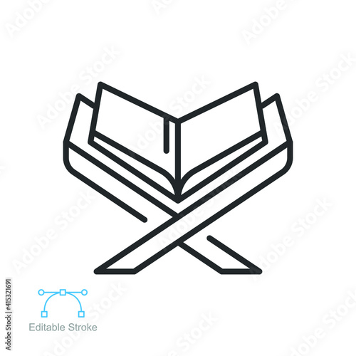 Reading the holy quran icon. Islamic worship, Muslim, Ramadan, Open and recite Alquran. Islamic religion book simple logo. Editable stroke outline Vector illustration design on white background EPS 10