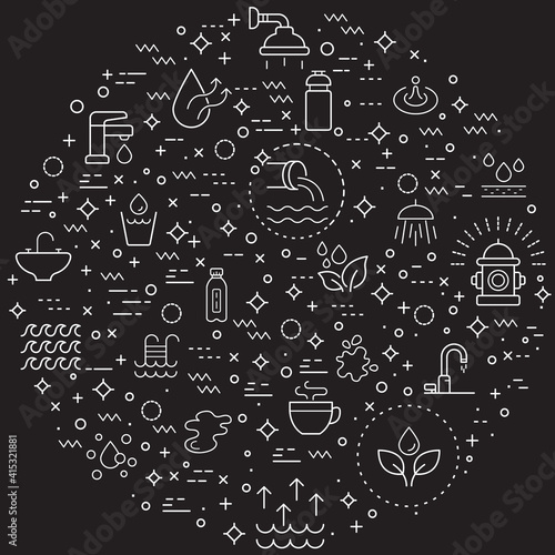 Simple Set of water and drinks Related Vector Line Illustration. Contains such Icons as glasses, bathroom, faucet, shower, cup, dew, waterway, steam, hydrant and Other Elements