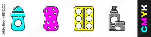 Set Antiperspirant deodorant roll, Sponge with bubbles, Eye shadow palette and Cream or lotion cosmetic tube icon. Vector.