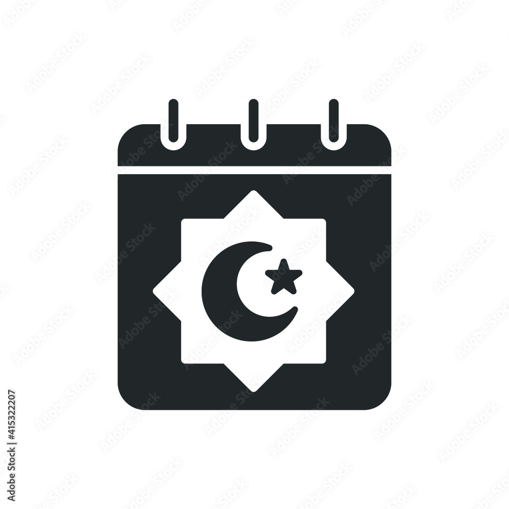 Islamic date icon for eid and muslim fasting ramadan kareem . Calendar page with muslim moon and star. Arabic months name Lunar Hijri. Glyph style vector illustration design on white background EPS 10 Islamic date icon for eid and muslim fasting ramadan kareem . Calendar page with muslim moon and star. Arabic months name Lunar Hijri. Glyph style vector illustration design on white background EPS 10